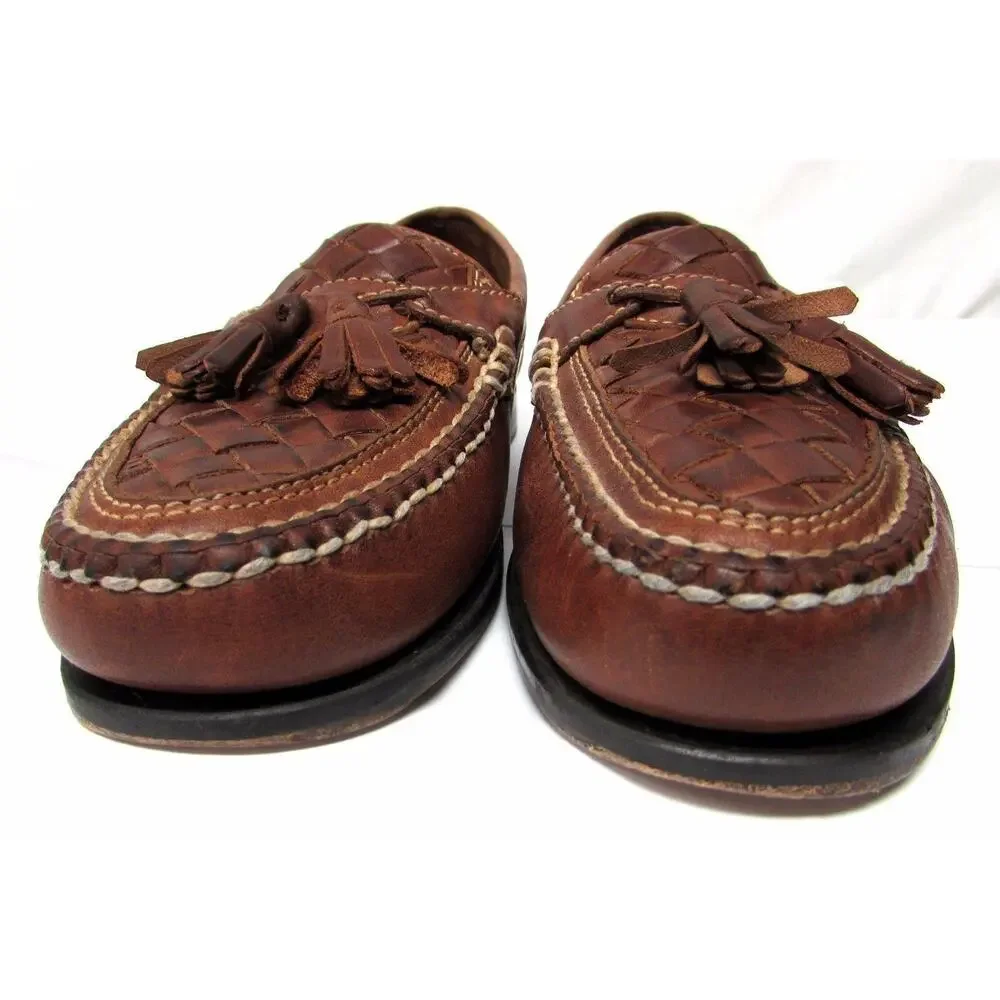 Johnston & Murphy men's 9.5 M Brown leather woven weave dress shoes tassels
